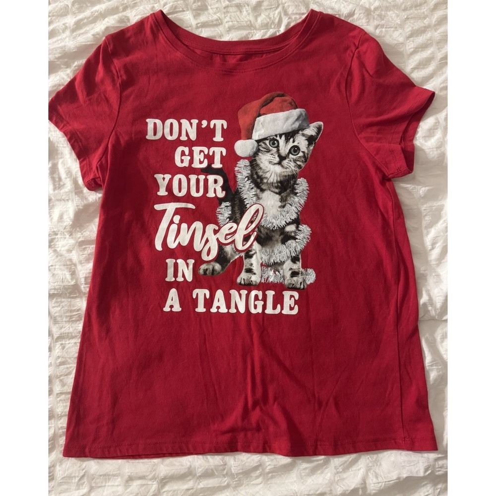 Funny Kitten Red Christmas novelty Short Sleeve Crew Neck‎ T Shirt Women Small S
